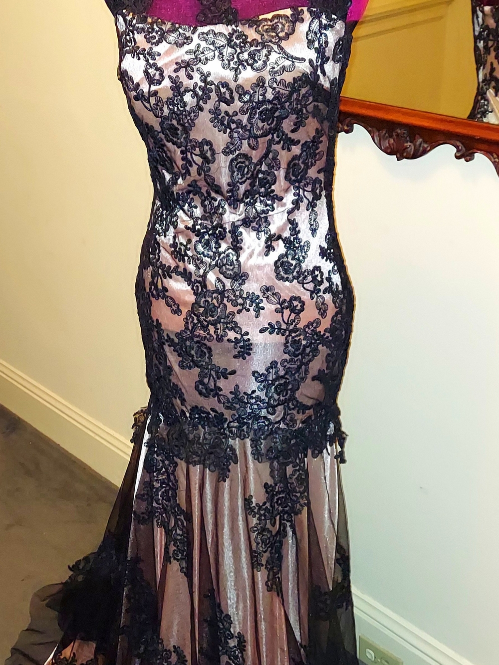 Formal Black Mesh Overlay Mermaid Gown with Blush Underlay - Sz. S